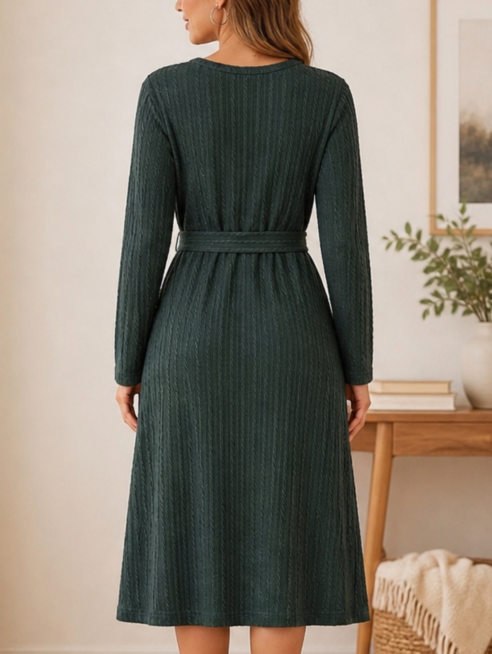 Ekouaer Ribbed Knit Belted Midi Dress – Forest Green (Size M) - Picture 2 of 10